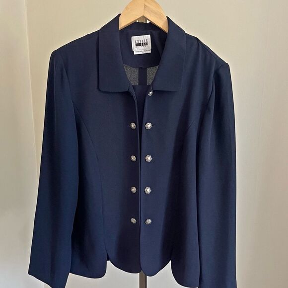 Vintage Leslie Fay Navy Blazer 12 Pearl Buttons Sheer 80s Power Jacket - Picture 2 of 7